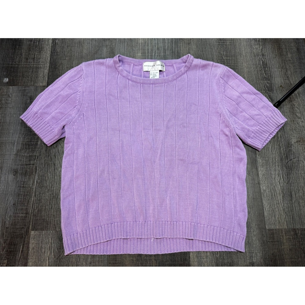 August Silk Lavender Purple Ribbed Knit Short Sleeve Silk Cotton Sweater Medium